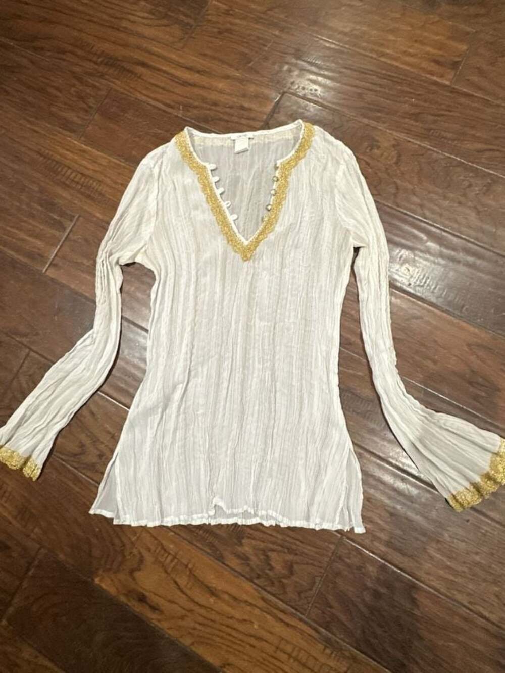 Cache Women's White Gold Metallic Crinkle Tunic Top Size Medium